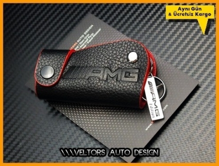 Mercedes 3D Gerçek Deri Kırmızı AMG Logo Amblem Anahtarlık