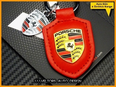 Porsche Logo Amblem Kırmızı Deri Porsche Anahtarlık