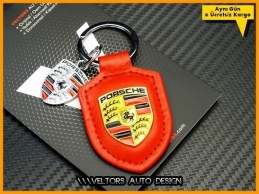 Porsche Logo Amblem Kırmızı Deri Porsche Anahtarlık