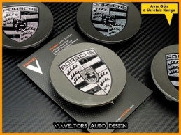 Porsche Logo Amblem Dark Jant Göbeği Göbek Kapak Seti Porsche Logo Amblem Dark Jant Göbeği Göbek Kapak Seti