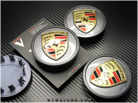 Porsche Logo Amblem K. Gri Yeni Tip Jant Göbeği Göbek Kapak Seti