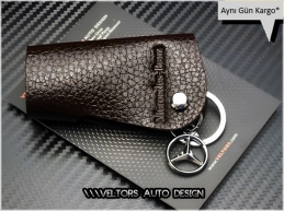 Mercedes Kahverengi Gerçek Deri Logo Amblem Anahtarlık